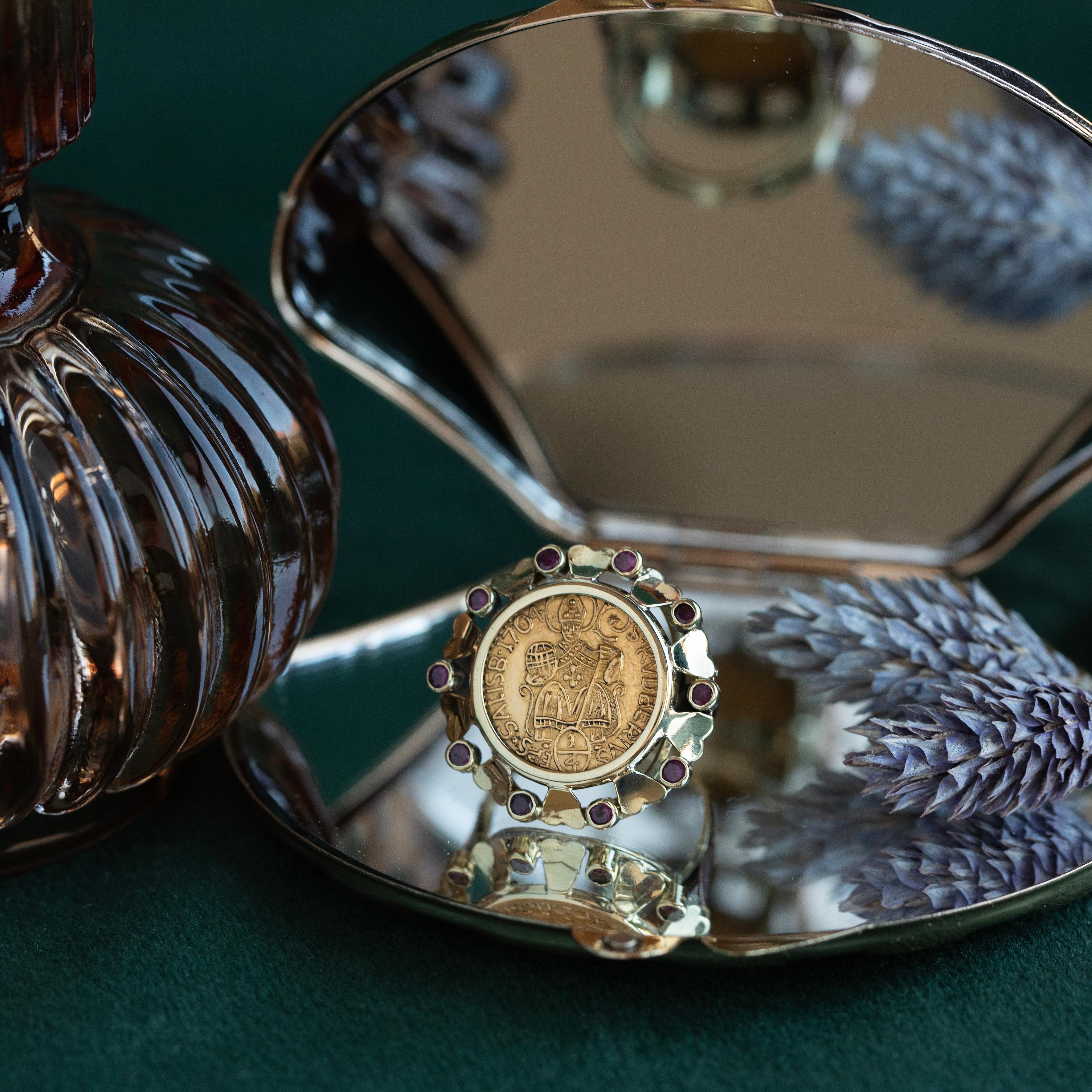 Vintage 14K Rose and Yellow Gold Coin Ring with Ruby Halo For Sale 1
