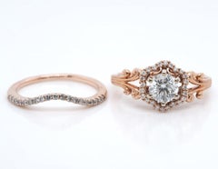 Set di anello di fidanzamento e anello nuziale vintage in oro rosa 14 carati con diamante rotondo da 0,82 carati e montatura a halo