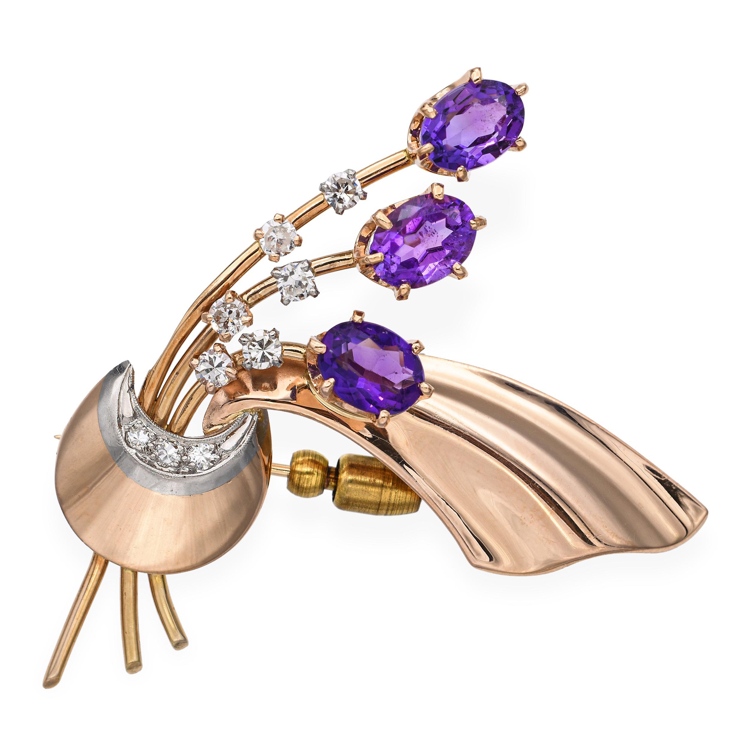 A romantic and richly detailed vintage brooch, crafted in warm 14k rose gold and designed in the shape of a blooming bouquet. This elegant pin features approximately 3.75 total carats of richly hued amethyst stones, accented by 0.63 total carats of
