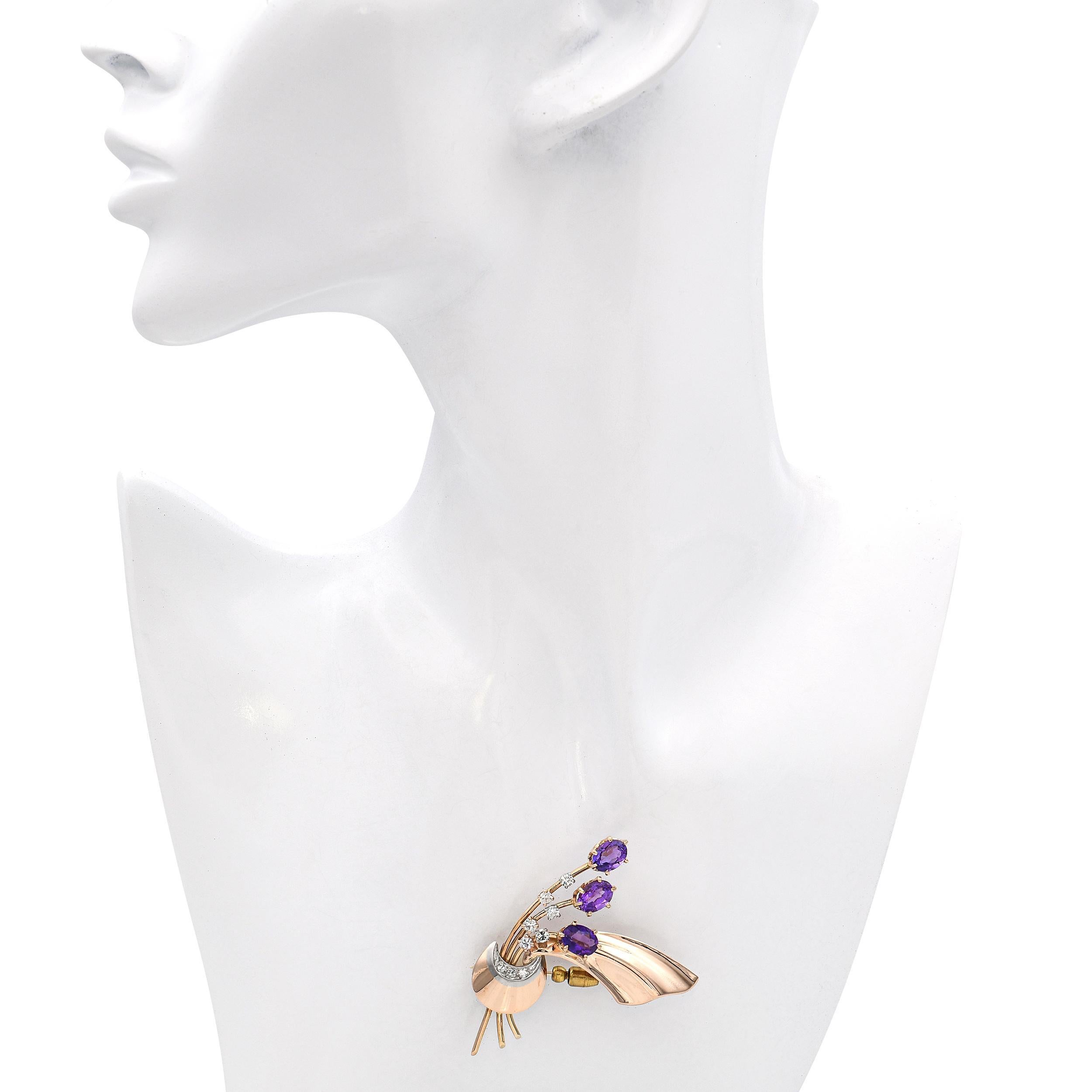 Mixed Cut Vintage 14k Rose Gold 3.75tcw Amethyst and Diamond Bouquet Brooch For Sale