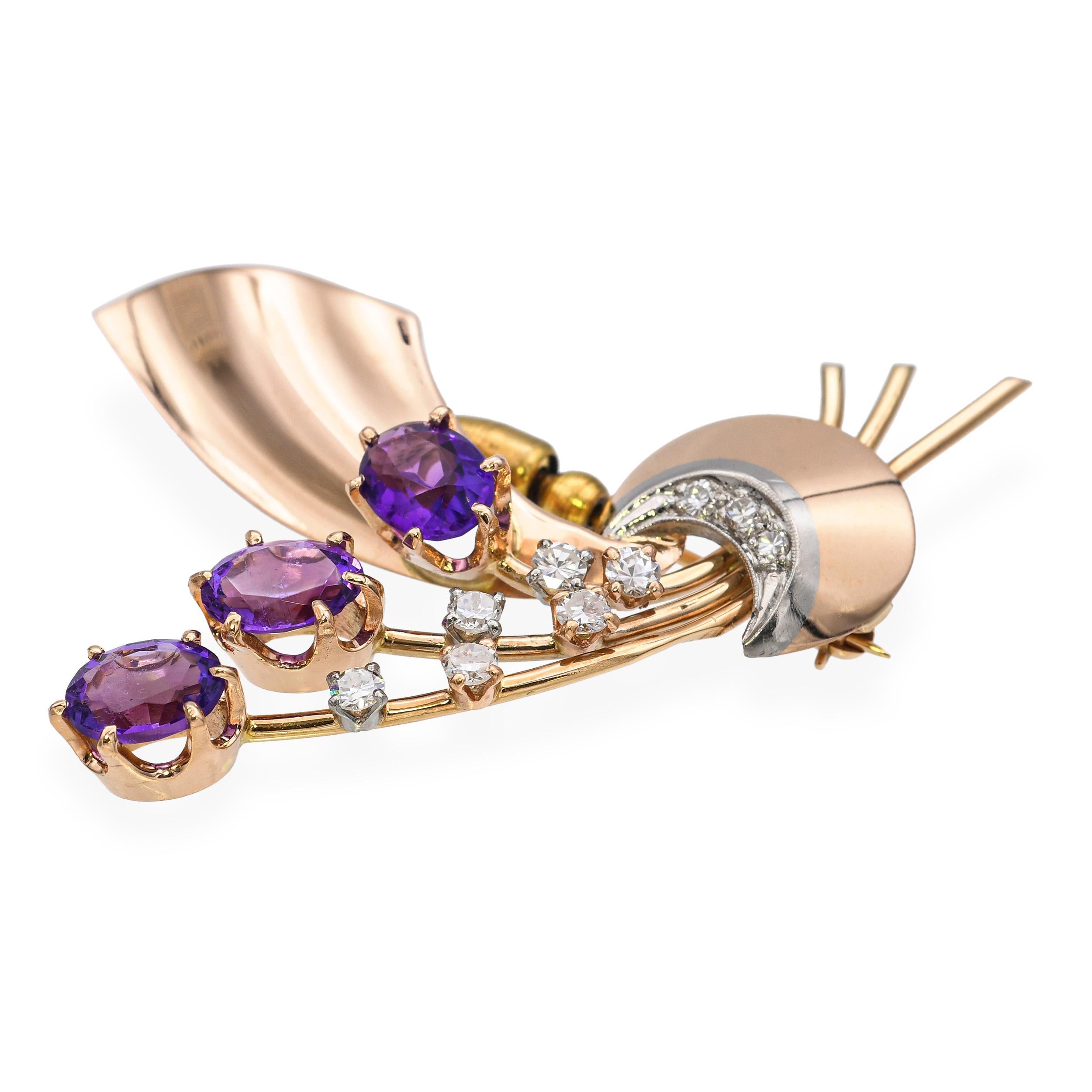 Vintage 14k Rose Gold 3.75tcw Amethyst and Diamond Bouquet Brooch For Sale 1