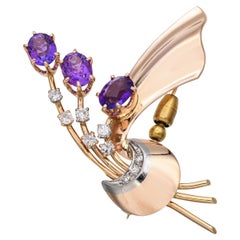 Vintage 14k Rose Gold 3.75tcw Amethyst and Diamond Bouquet Brooch