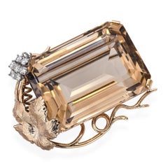 Vintage 14k Rose Gold 73.86ct Smoky Quartz & Diamond Leaf Motif Brooch