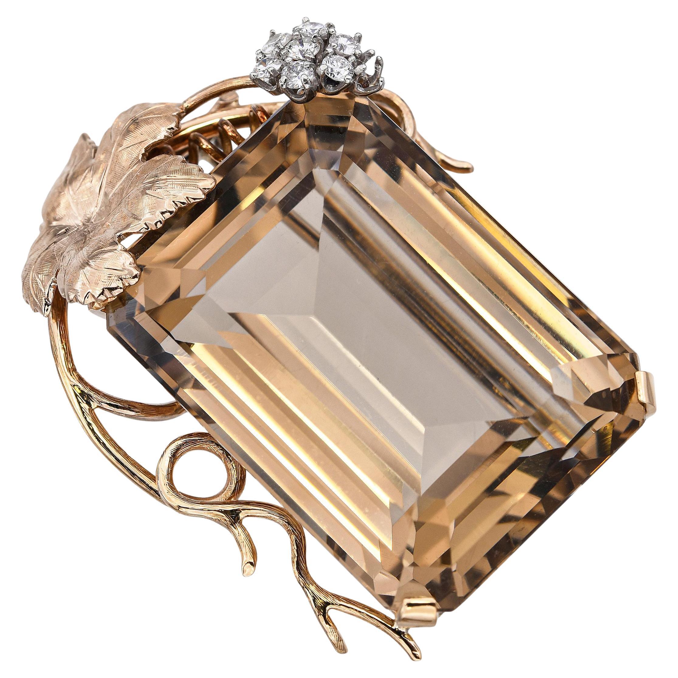 Vintage 14k Rose Gold 73.86ct Smoky Quartz 
Diamond Leaf Motif Brooch