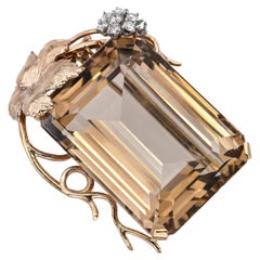 Vintage 14k Rose Gold 73.86ct Smoky Quartz 
Diamond Leaf Motif Brooch