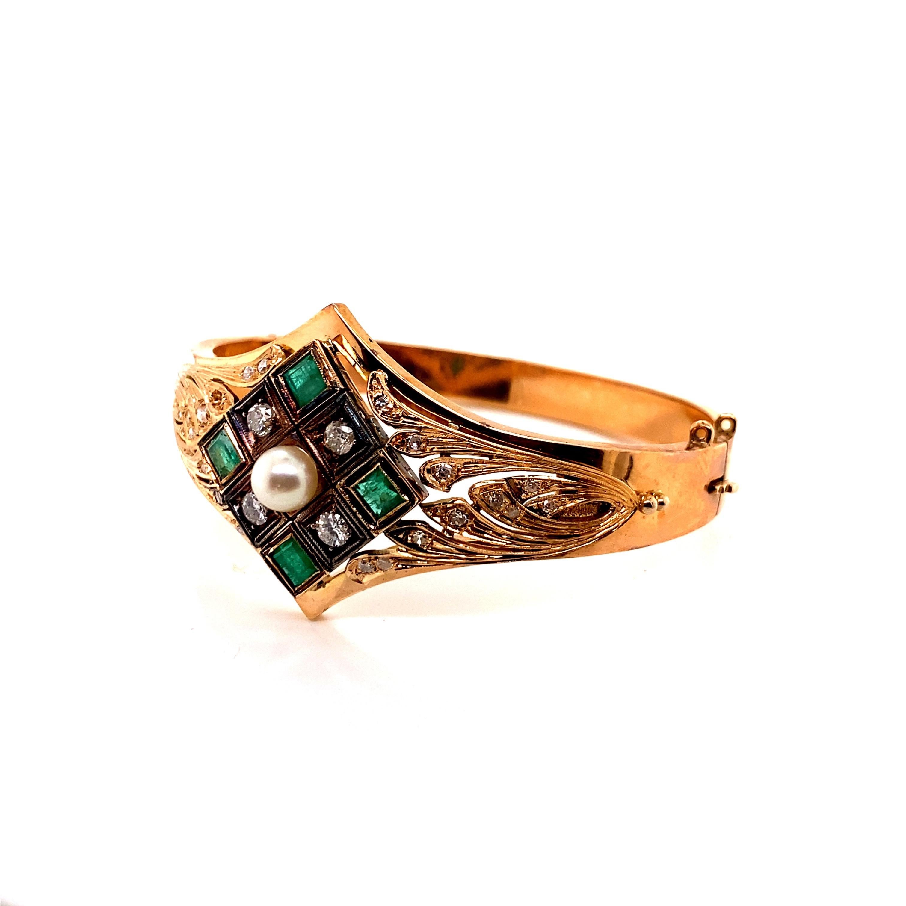 Vintage 14K Rose Gold Bangle Bracelet with Emeralds and Diamonds and Pearl - There are 4 square cut emeralds that measure about 3.5mm in diameter and weigh approximately .80ct total weight. There are 4 round diamonds that weigh approximately .40ct