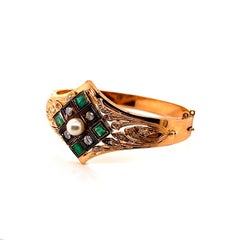 Vintage 14K Rose Gold Bangle Bracelet with Emeralds and Diamonds and Pearl