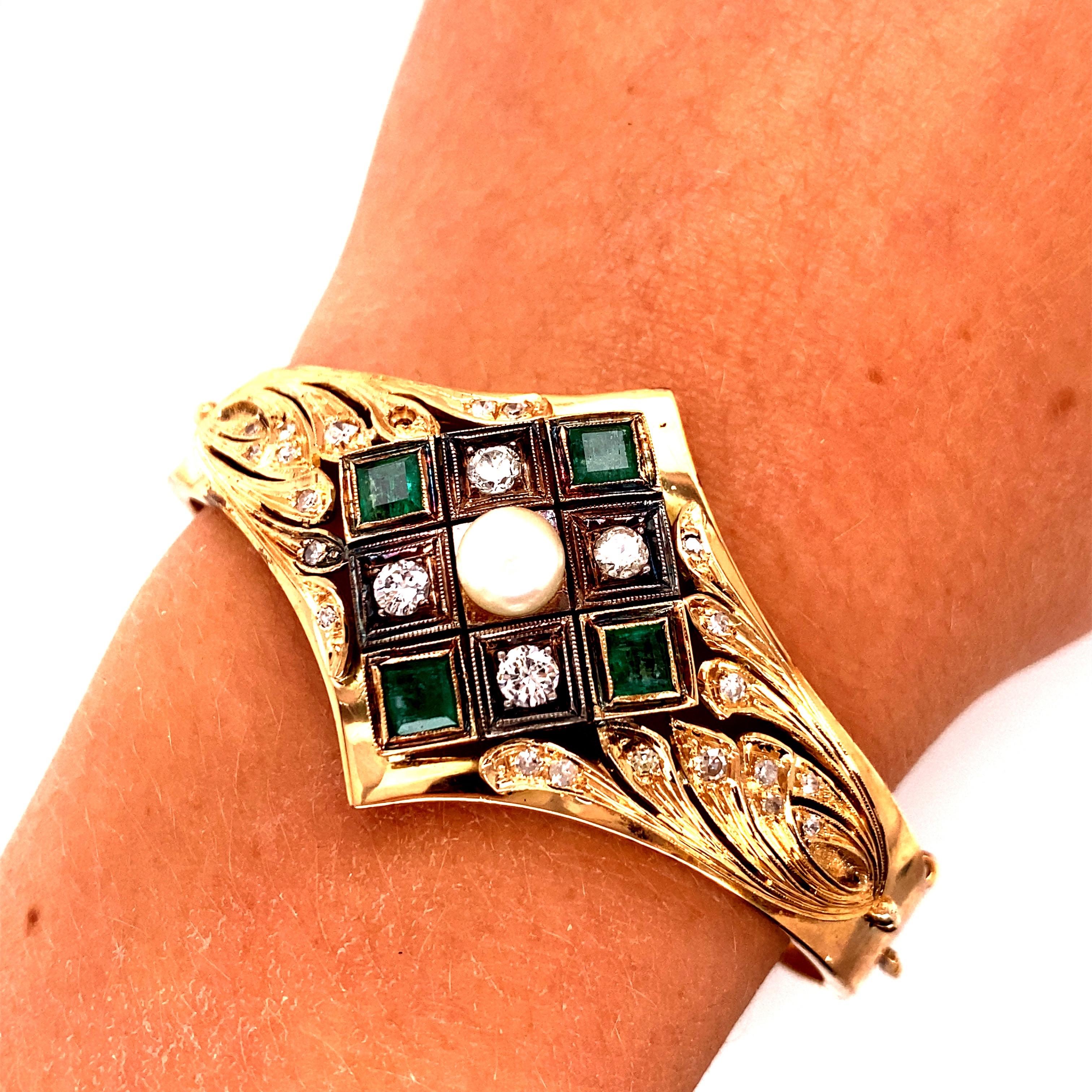 Emerald Cut Vintage 14K Rose Gold Bangle Bracelet with Emeralds and Diamonds and Pearl For Sale