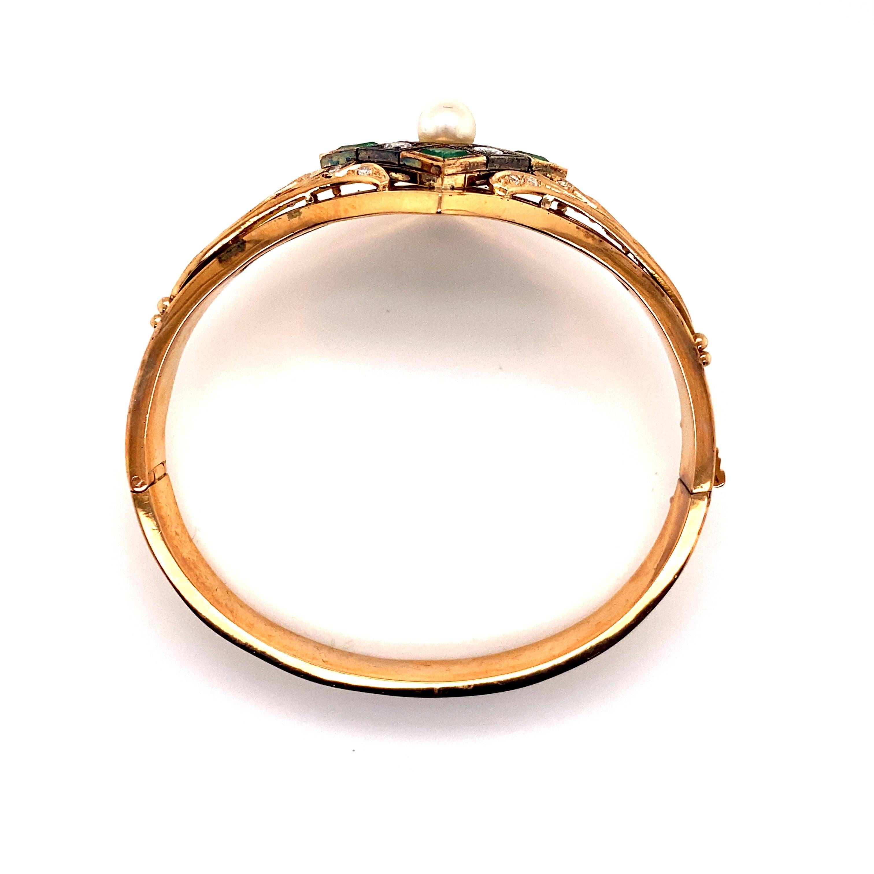 Bracelet jonc vintage en or rose 14 carats avec émeraudes, diamants et perles Pour femmes en vente