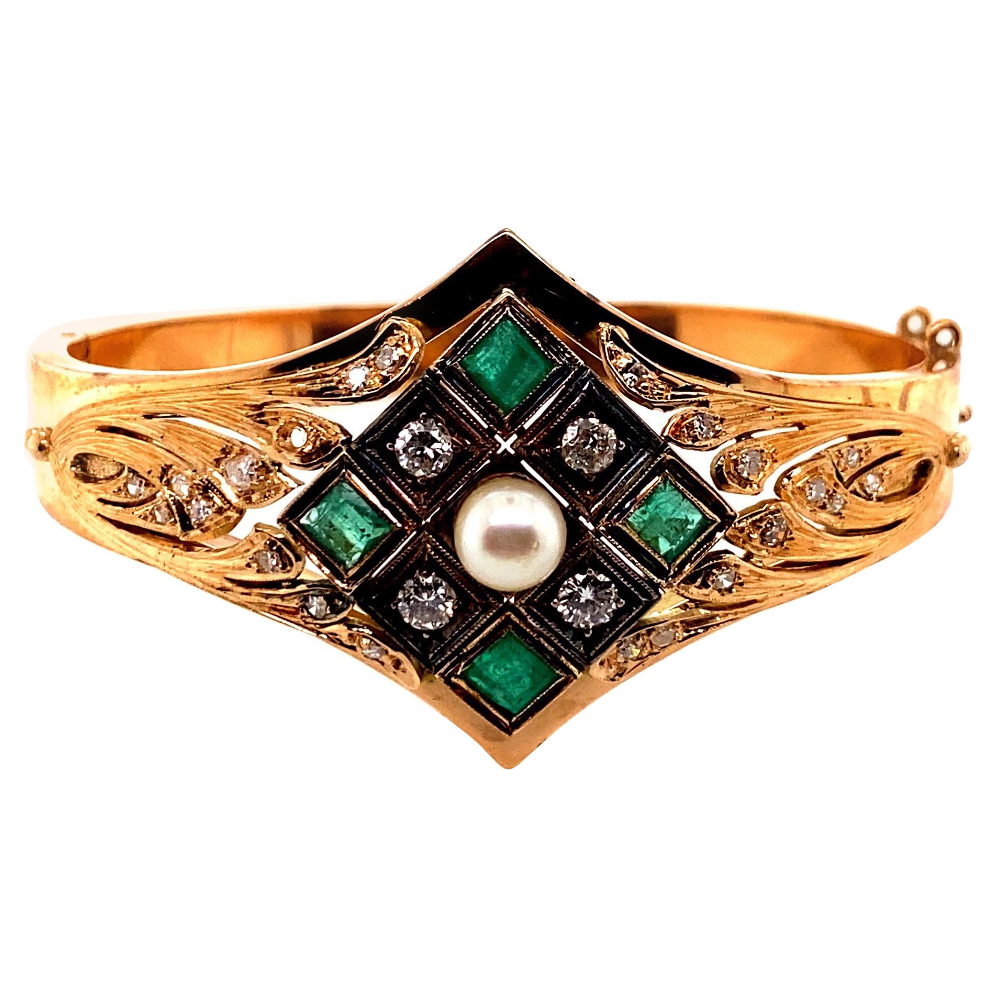 Vintage 14K Rose Gold Bangle Bracelet with Emeralds and Diamonds and Pearl