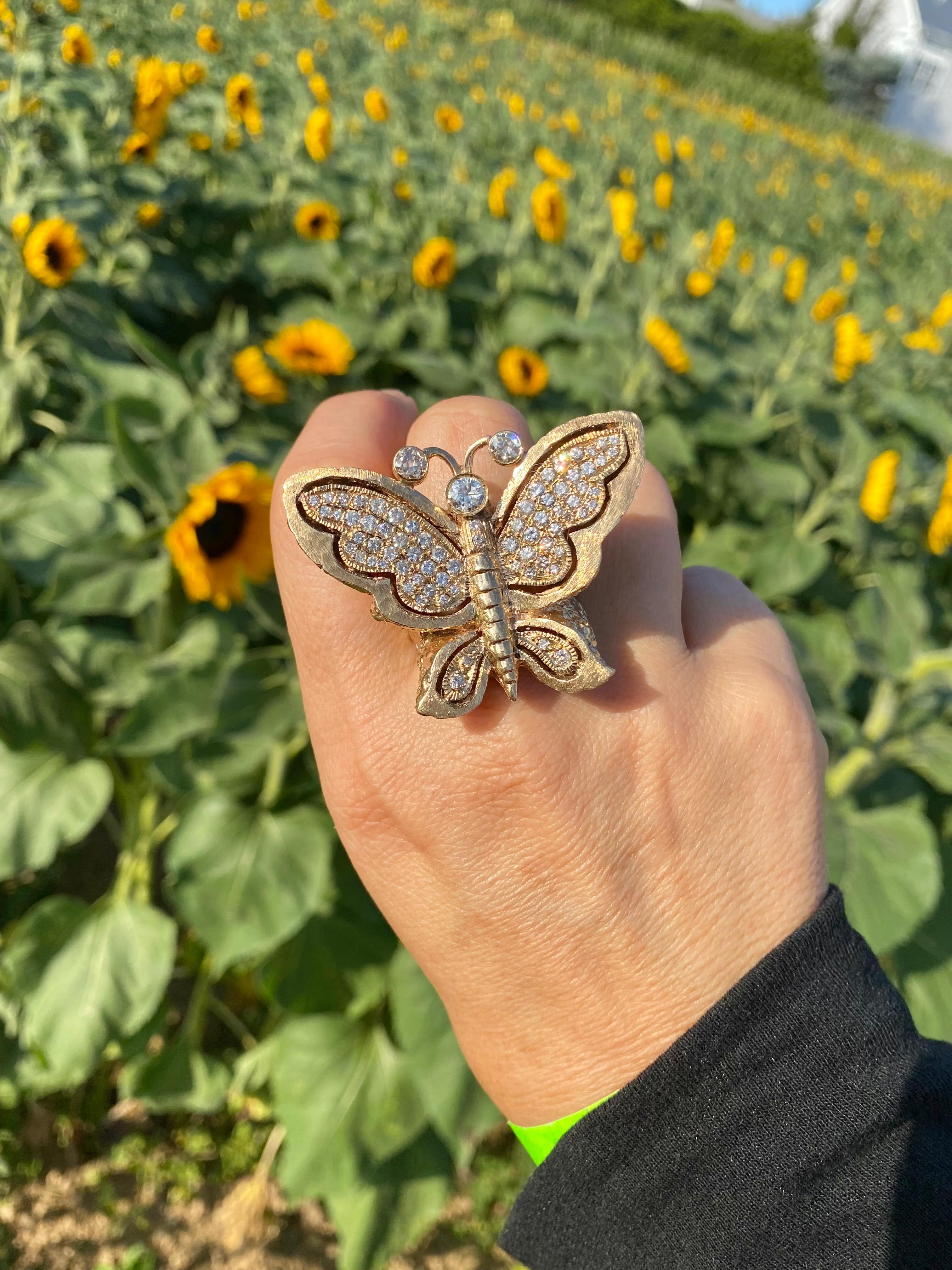 Vintage 14k Rose Gold Butterfly Ring with Old Cut Round Diamonds  In Good Condition In Miami, FL