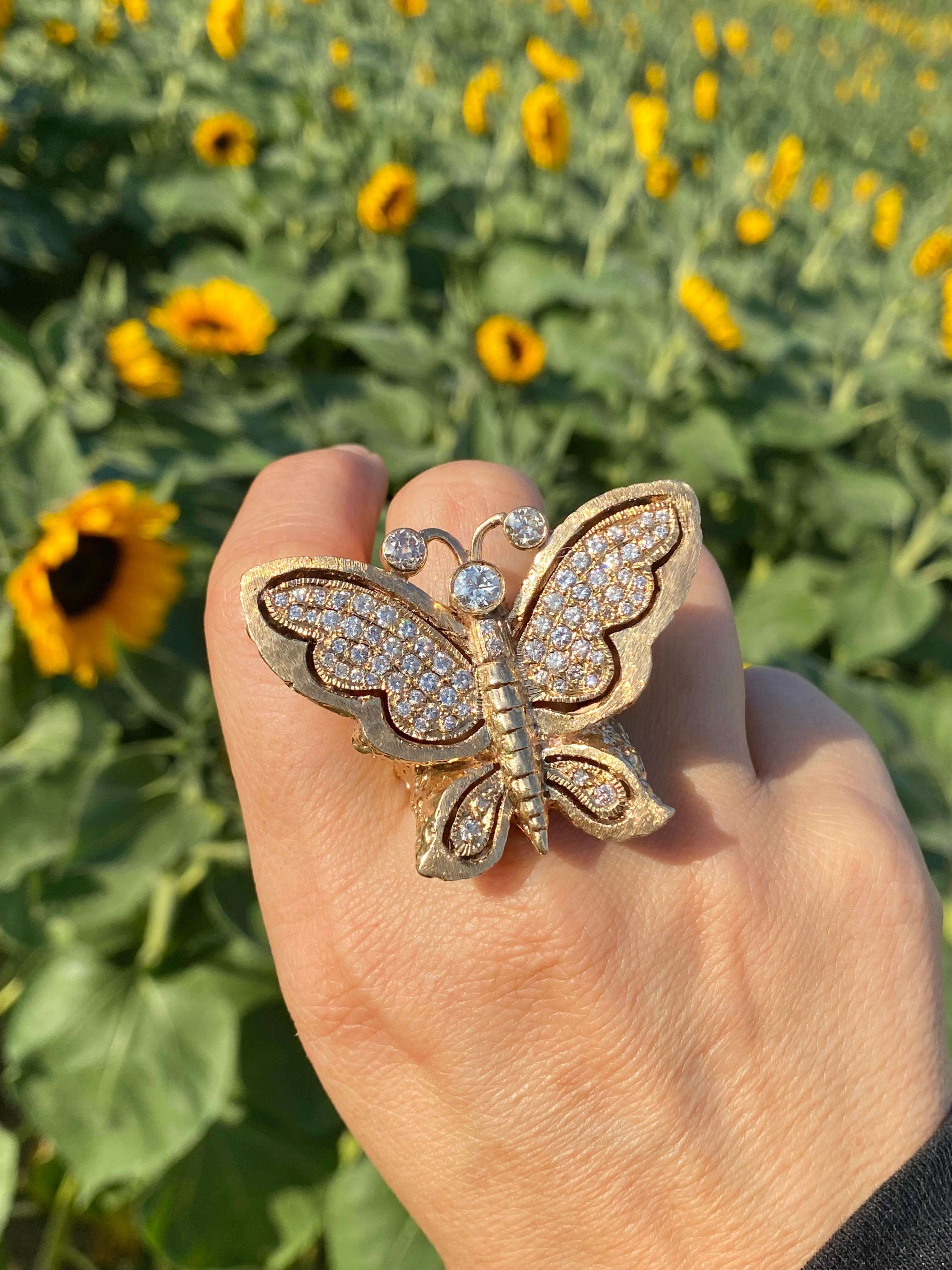 Women's or Men's Vintage 14k Rose Gold Butterfly Ring with Old Cut Round Diamonds 