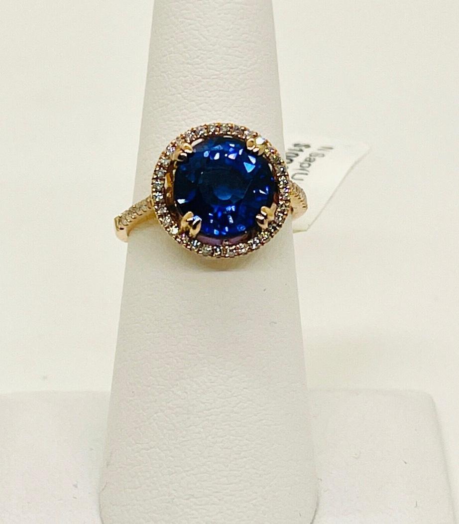 Art Deco Vintage 14k Rose Gold Cornflower Blue Sapphire & Diamond Halo Engagement Ring For Sale