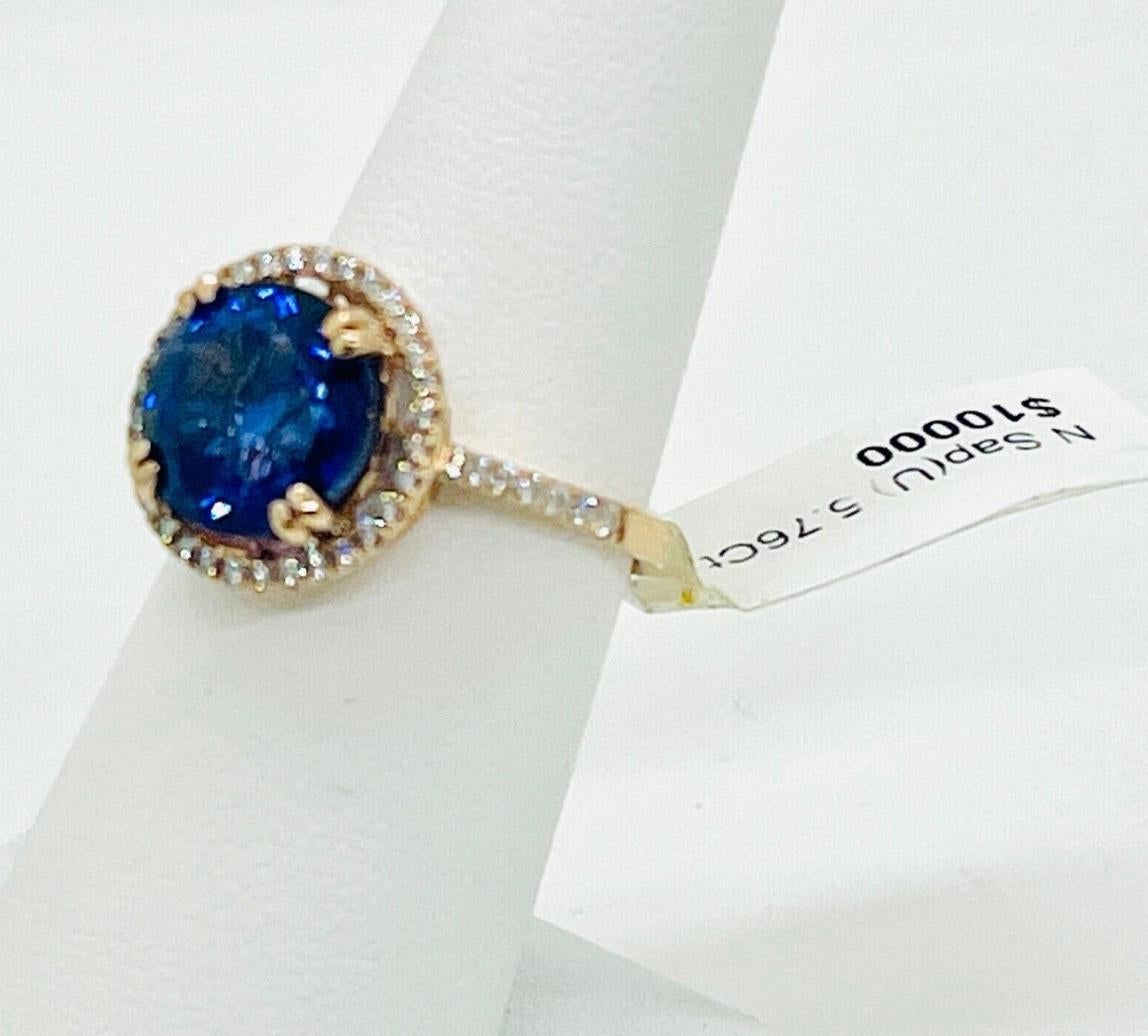 Round Cut Vintage 14k Rose Gold Cornflower Blue Sapphire & Diamond Halo Engagement Ring For Sale
