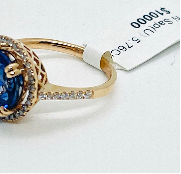 Vintage 14k Rose Gold Cornflower Blue Sapphire and Diamond Halo