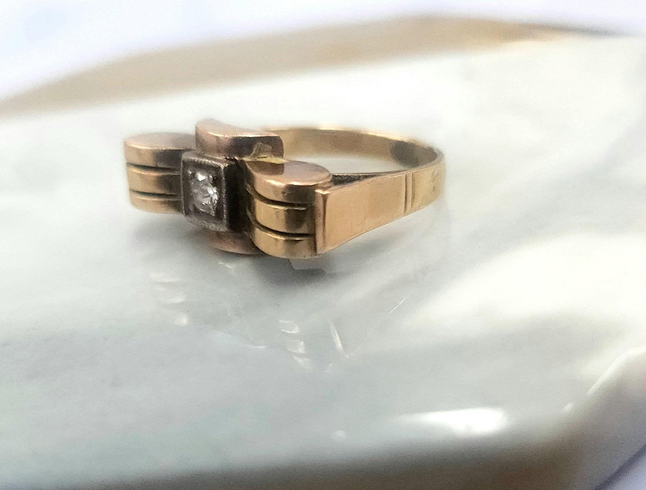 Rétro Anello retrò con diamante in oro rosa 14 carati vintage in vendita