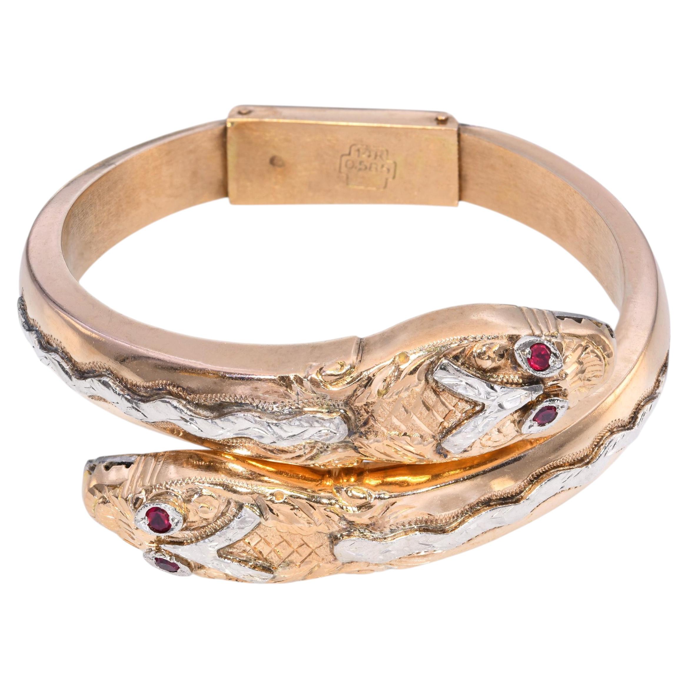 Vintage 14k Rose Gold Double Headed Snake Hinged Cuff Bracelet