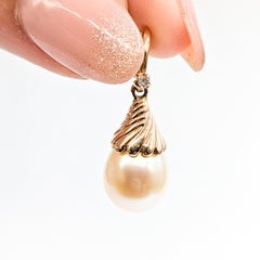 Vintage 14k Rose Gold Drop Pendant with 9mm Off-White Pearl & Diamond Accent