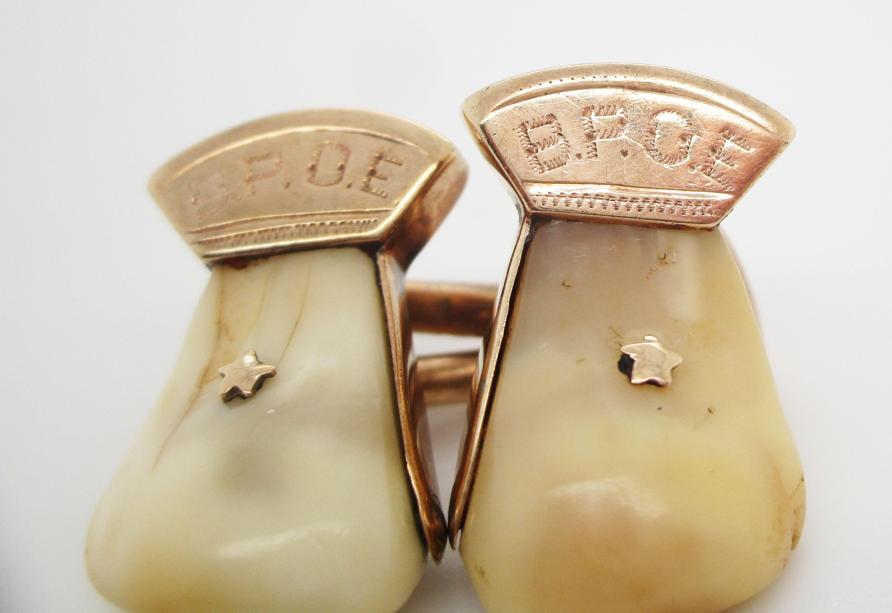 Art déco Order of Elk Tooth Order of Elks B.P.O.E., en or rose 14 carats Boutons de manchettes en vente