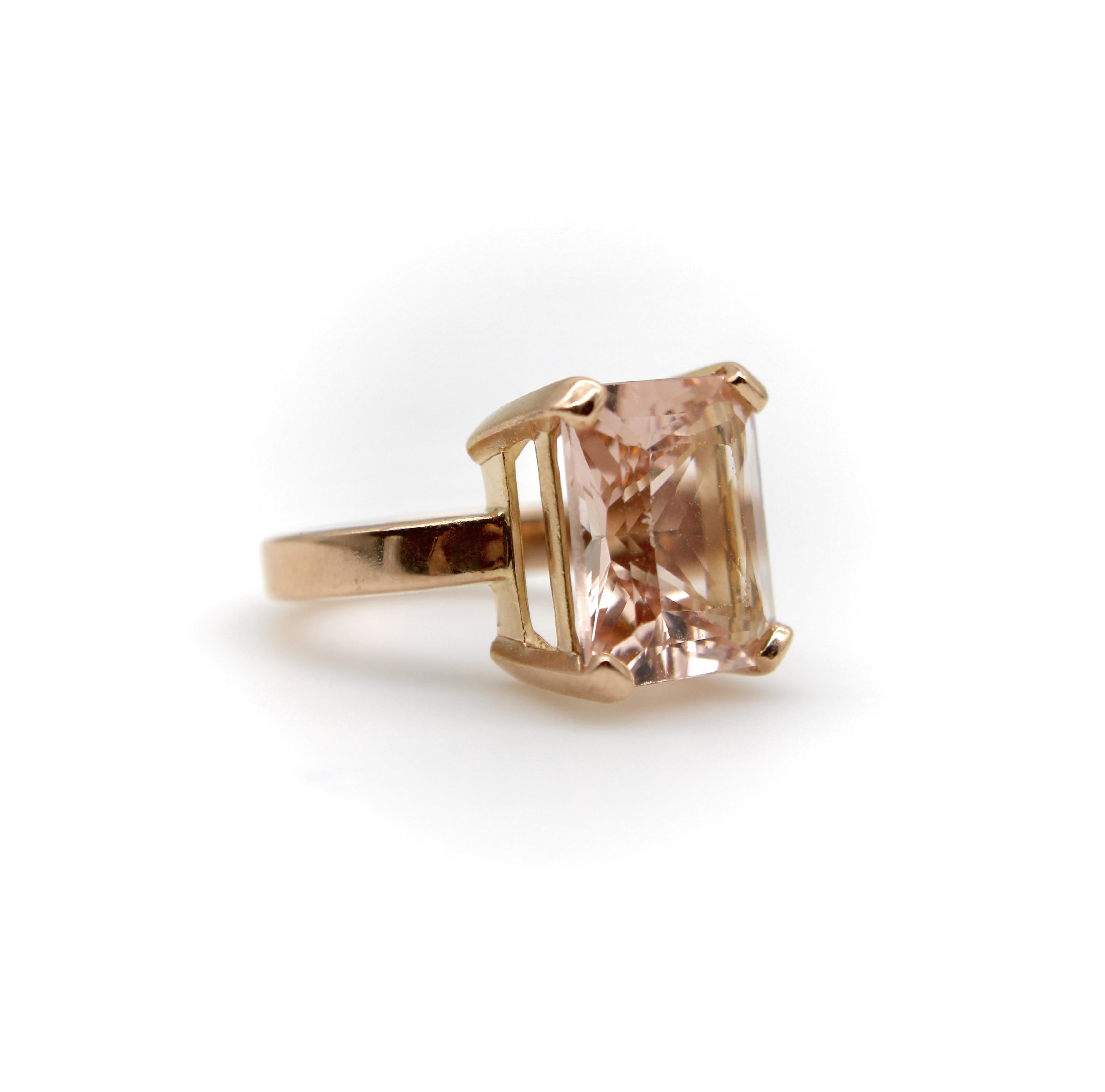 Modern Vintage 14K Rose Gold Emerald Cut Morganite Ring For Sale