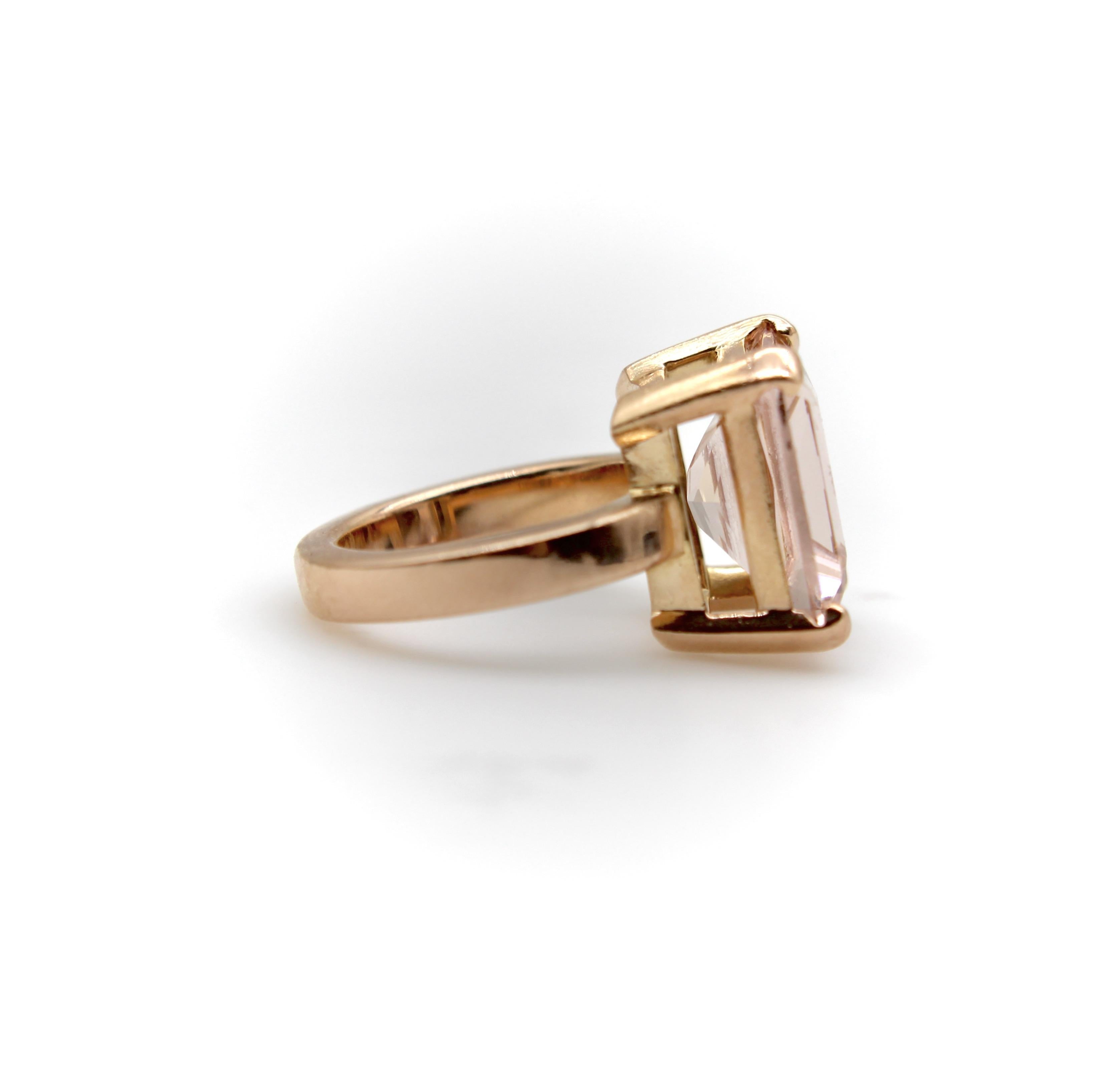 Women's or Men's Vintage 14K Rose Gold Emerald Cut Morganite Ring For Sale