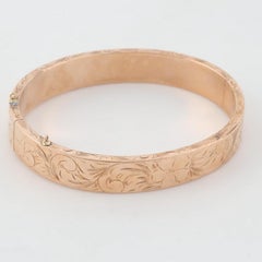 Vintage 14 Karat Rose Gold Hinged Bangle Bracelet Etched Floral Design
