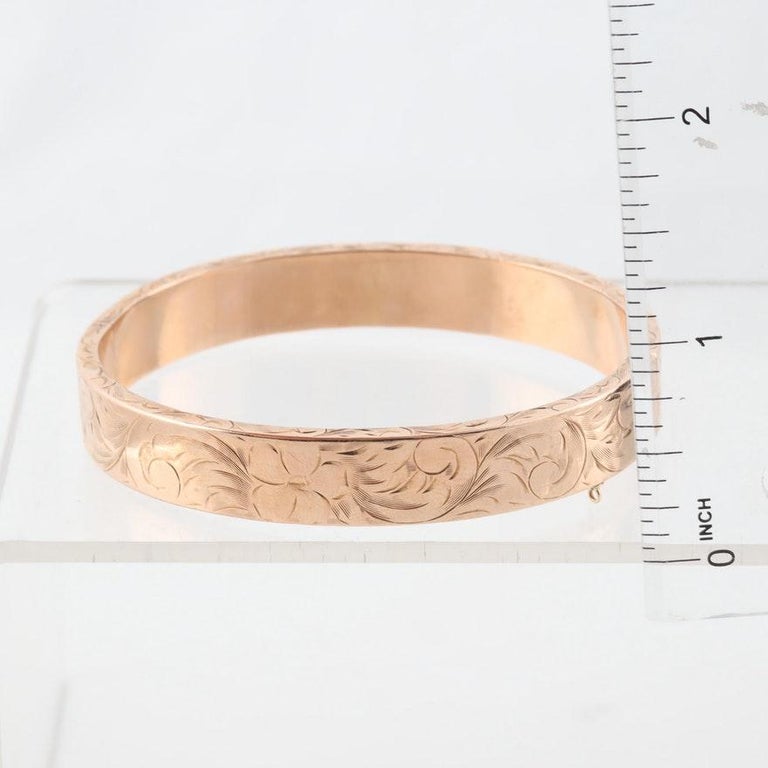 Vintage 14 Karat Rose Gold Hinged Bangle Bracelet Etched Floral Design