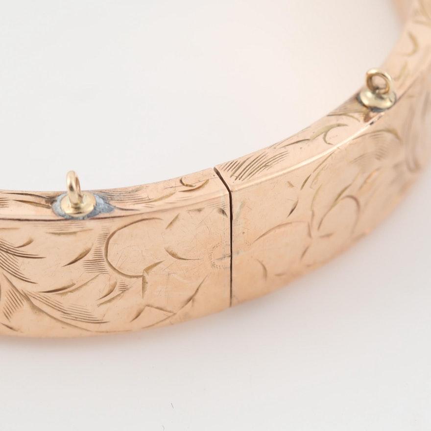 Vintage 14 Karat Rose Gold Hinged Bangle Bracelet Etched Floral Design In Fair Condition In Addison, TX