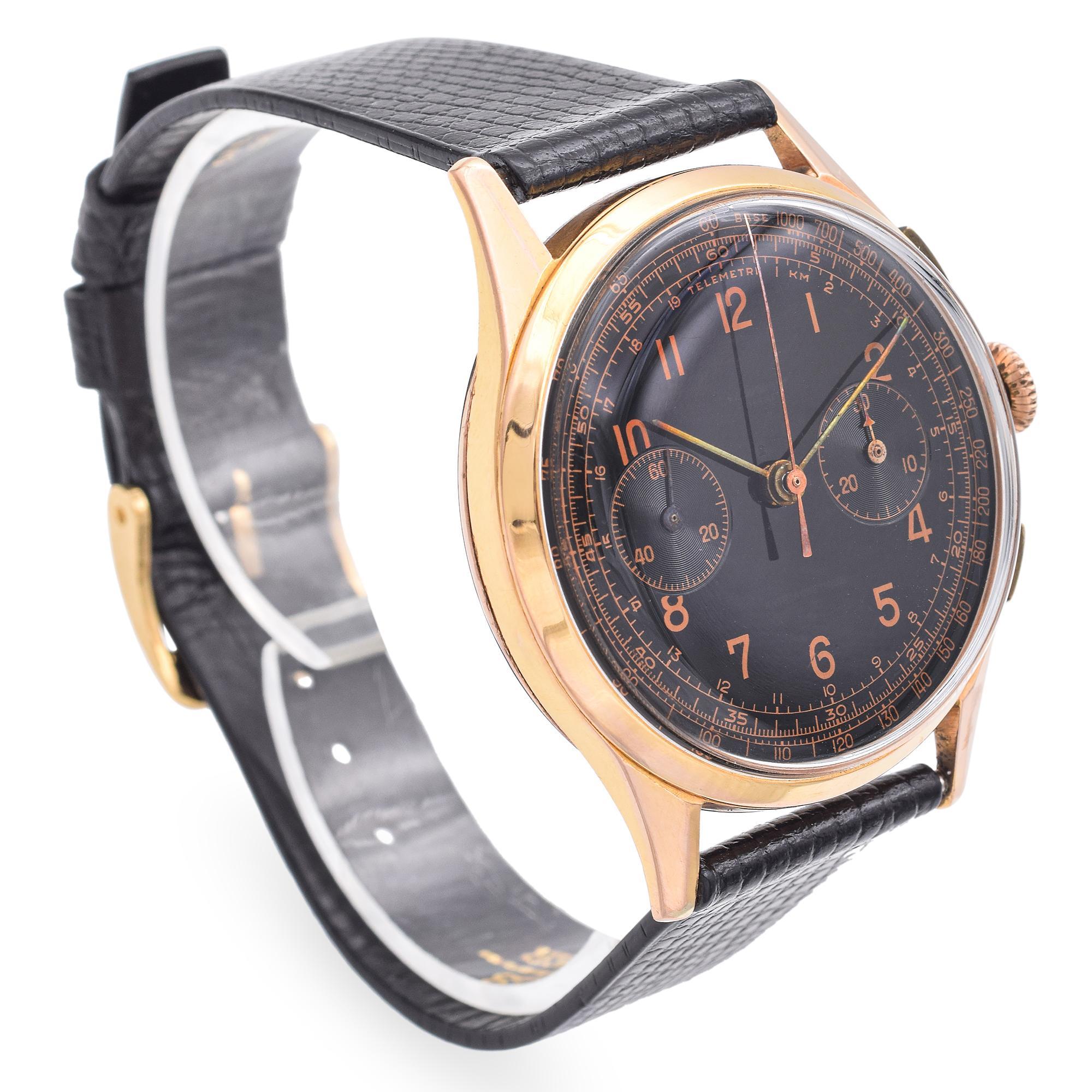 Vintage 14k Rose Gold Landeron L48 Men's Chronograph Watch For Sale 1
