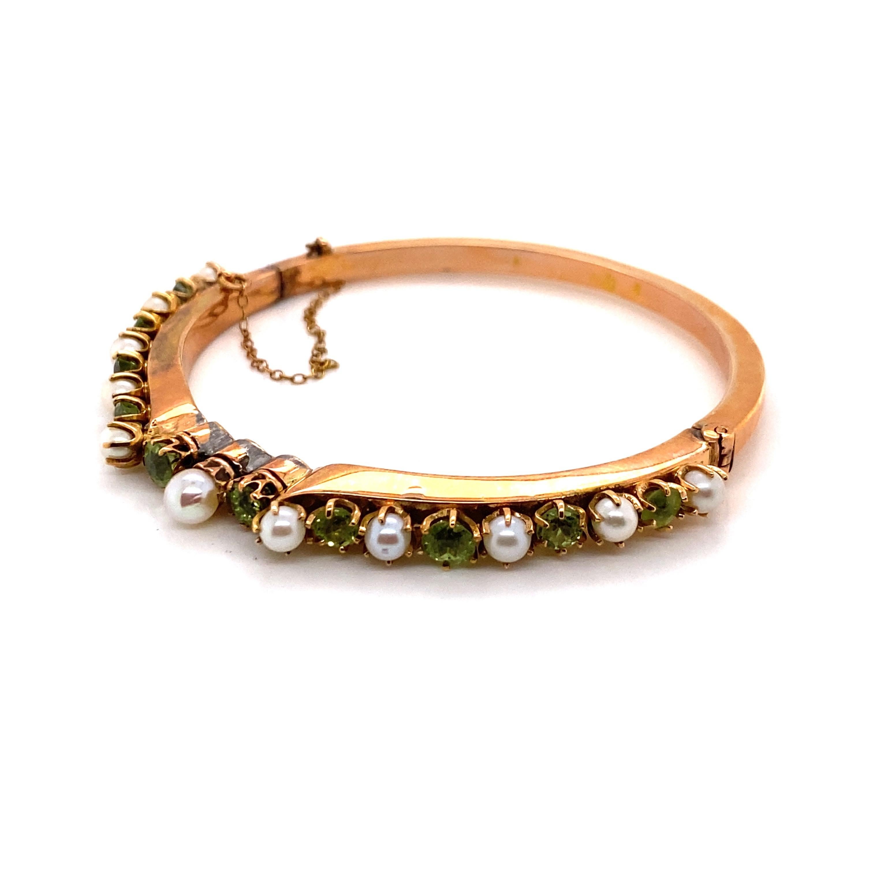 Round Cut Vintage 14K Rose Gold Pearl and Peridot Bangle Bracelet For Sale