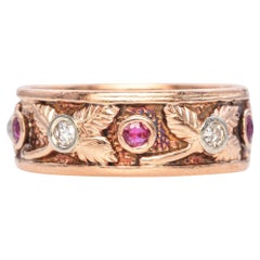 Vintage 14K Rose Gold Pink Sapphire and Diamond Leaf Motif Band