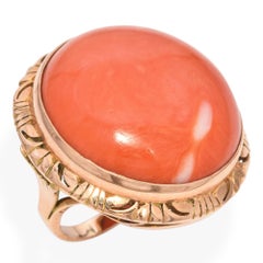 Vintage 14K Rose Gold Red Coral Cabochon Large Cocktail Ring
