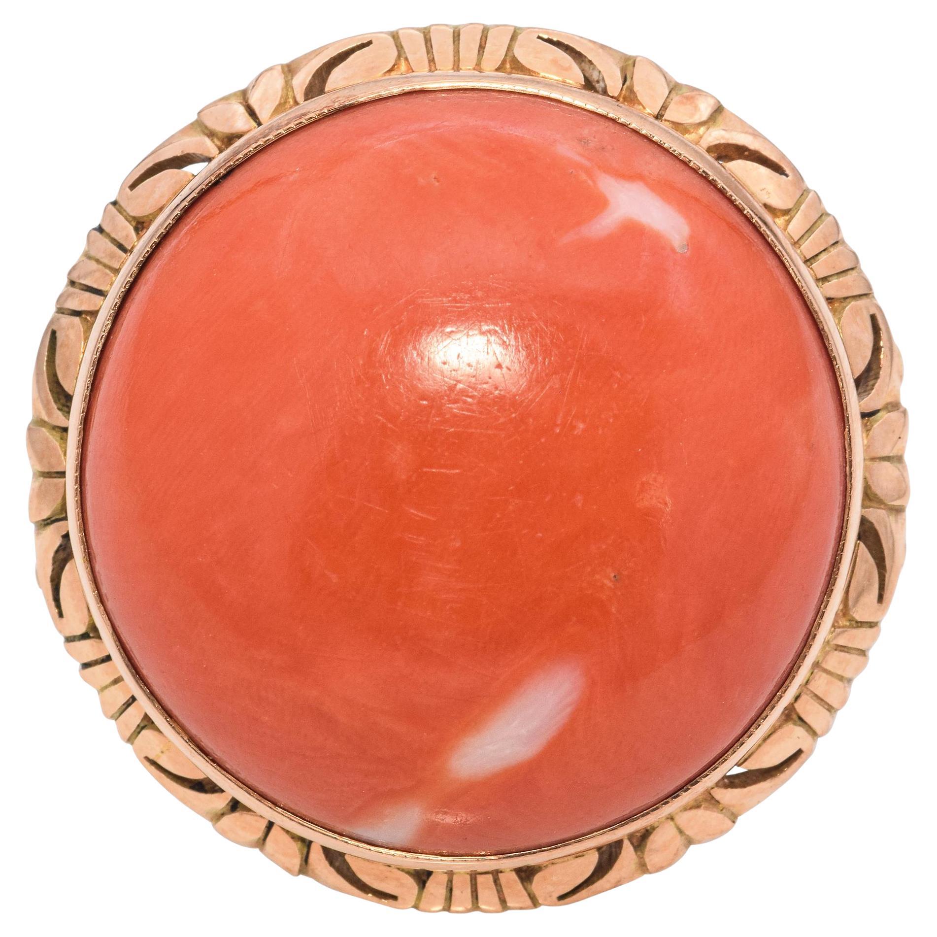 Vintage 14K Rose Gold Red Coral Cabochon Large Cocktail Ring