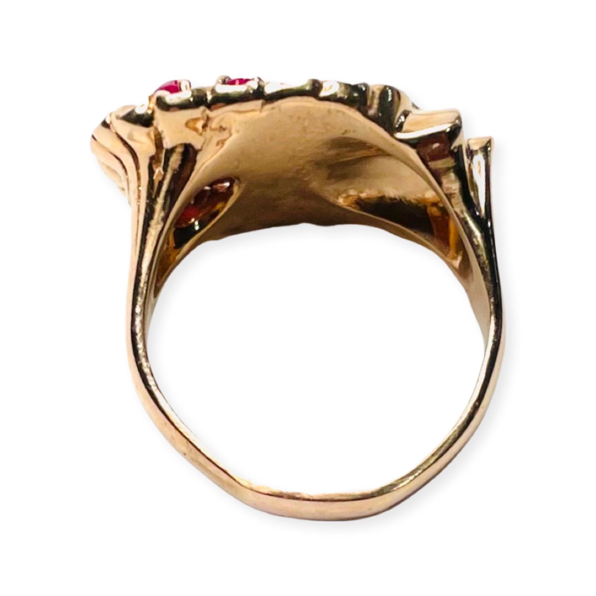 Arts and Crafts Vintage 14K Rose Gold Ring with Diamond and Rubies For Sale