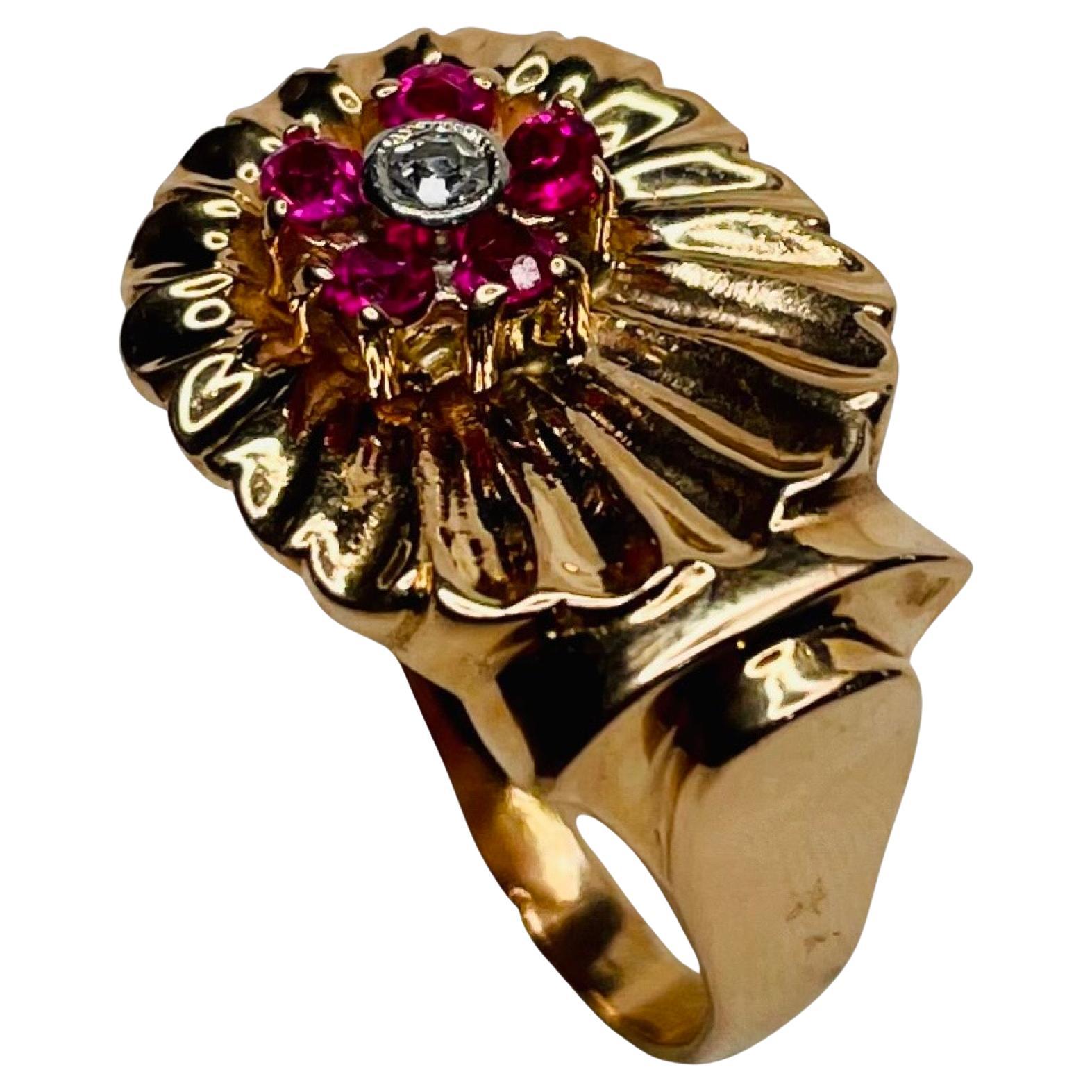 Vintage 14K Rose Gold Ring with Diamond and Rubies For Sale