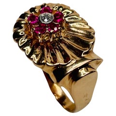 Bague vintage en or rose 14 carats avec diamants et rubis