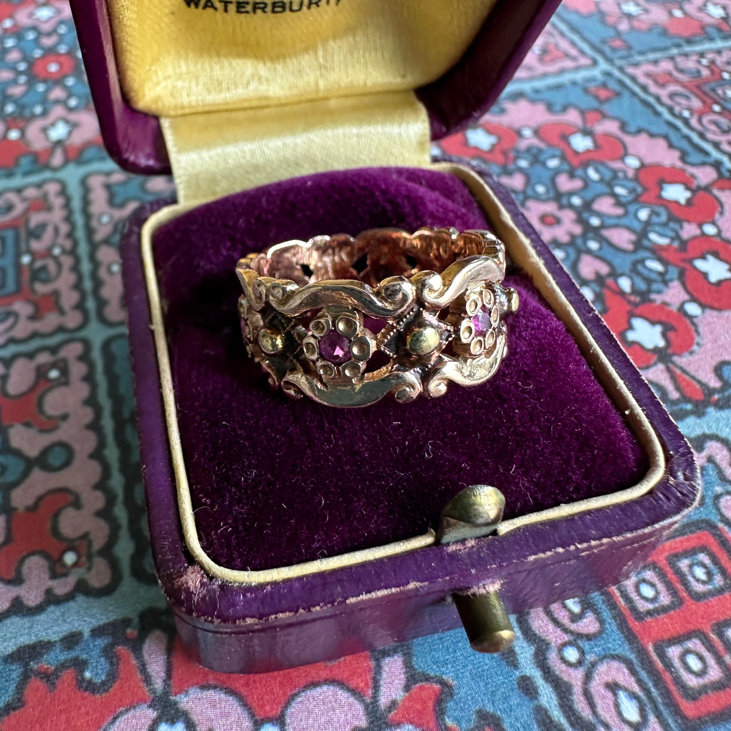 Vintage 14K Rose Gold Ruby Cigar Wedding Band Ring 9
