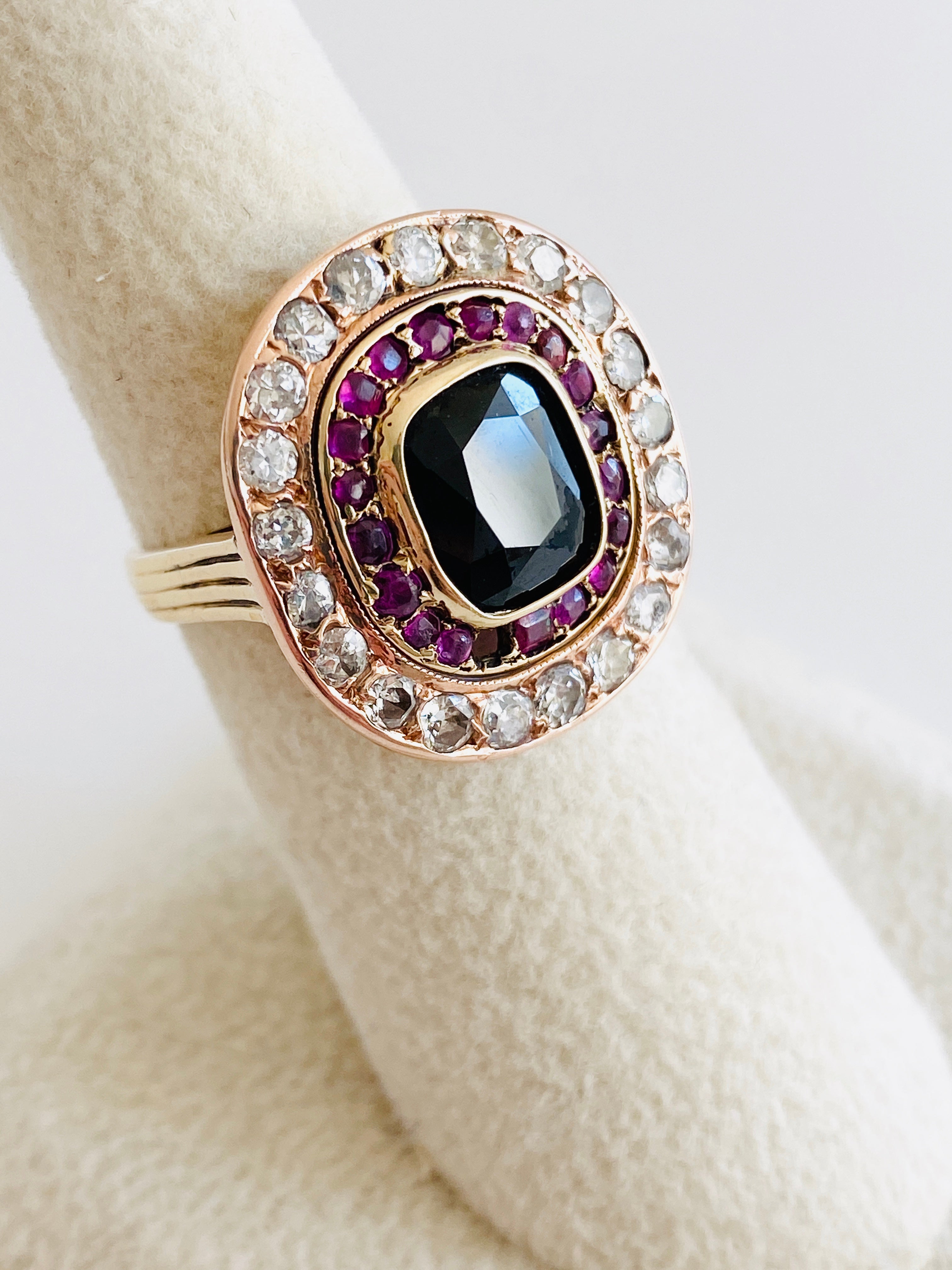 Art Deco Vintage 14k Rose Gold Ruby Sapphire Diamond Ring