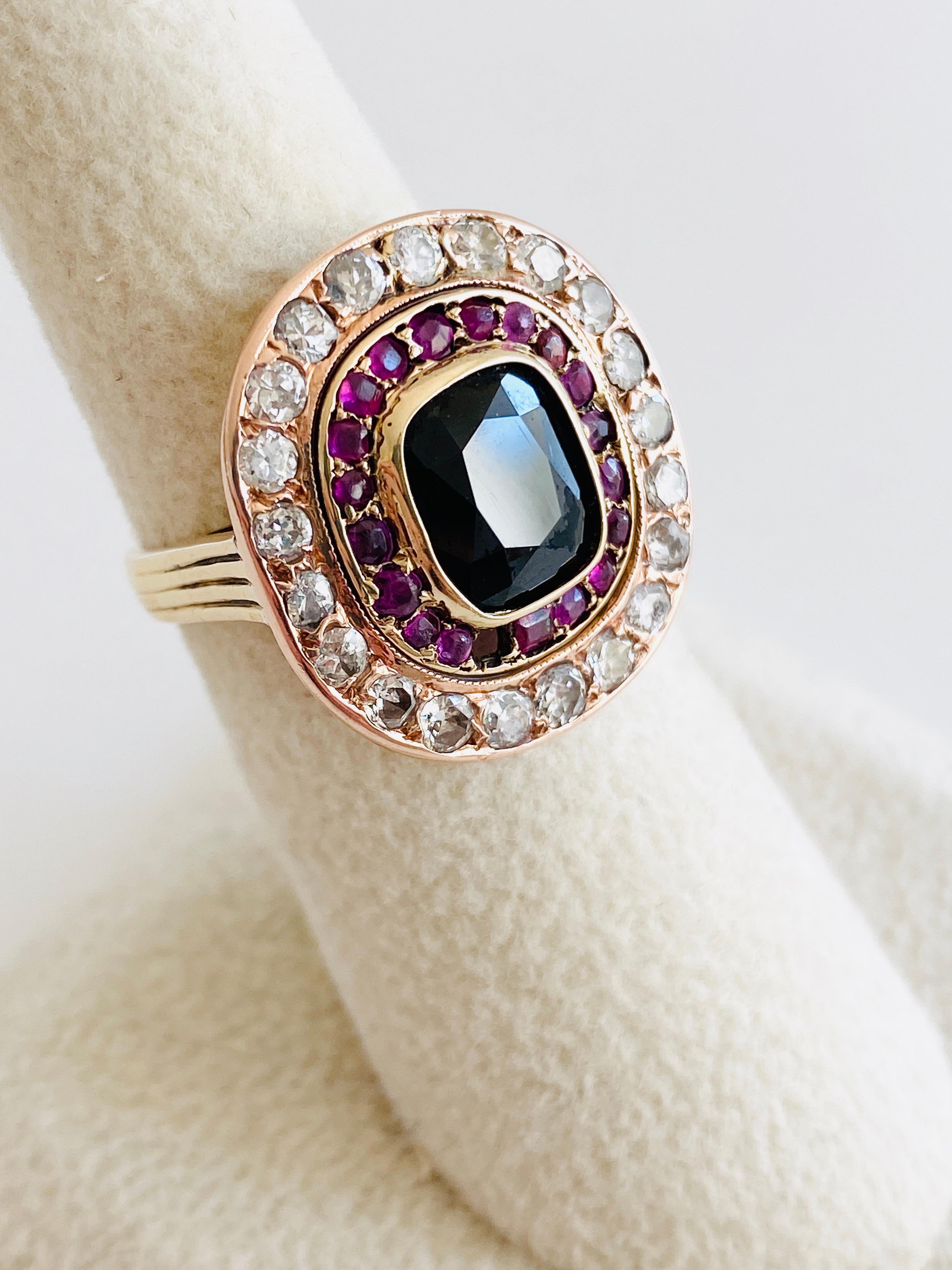 Vintage 14k Rose Gold Ruby Sapphire Diamond Ring In Good Condition In Sausalito, CA