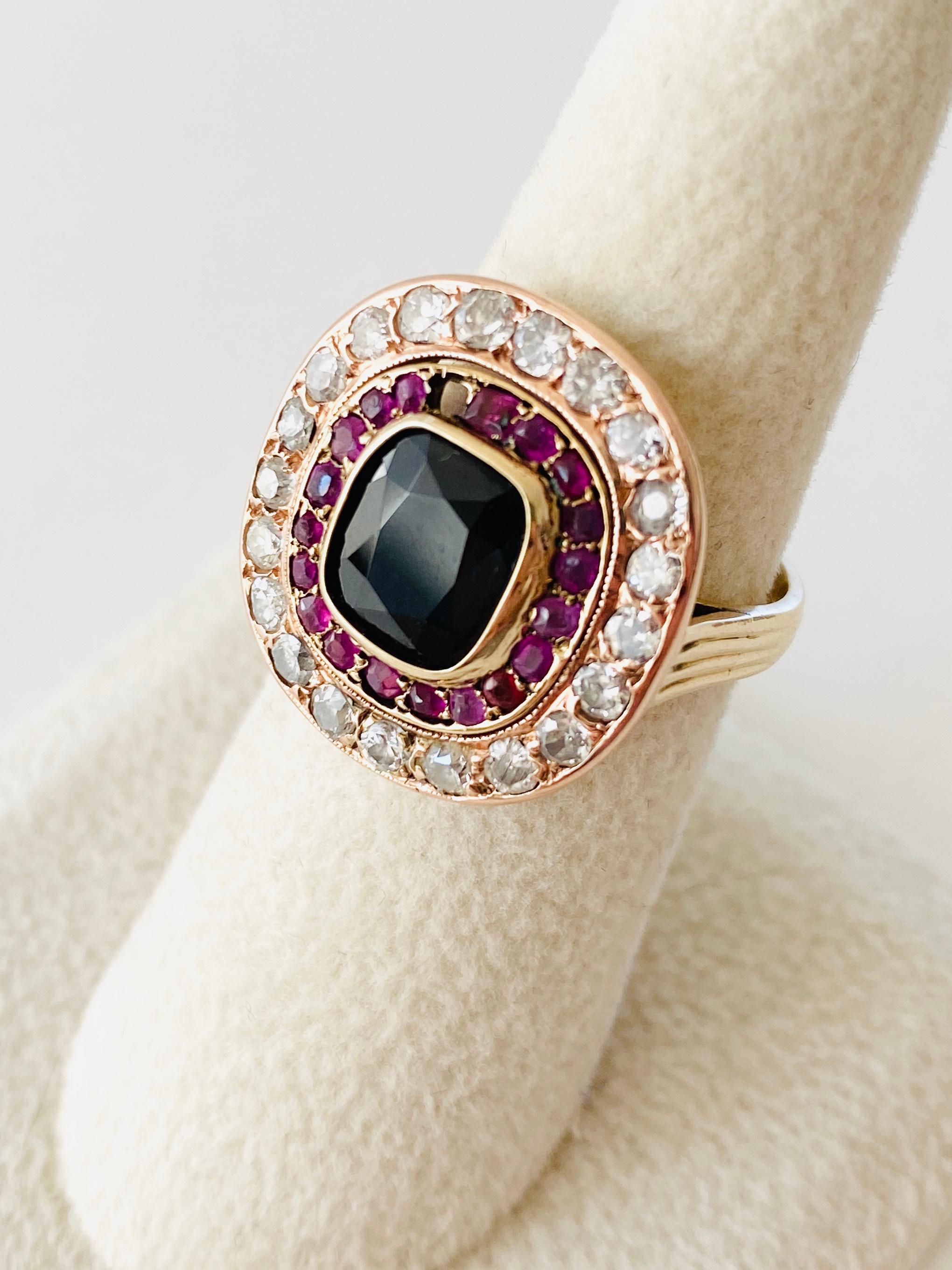Women's Vintage 14k Rose Gold Ruby Sapphire Diamond Ring