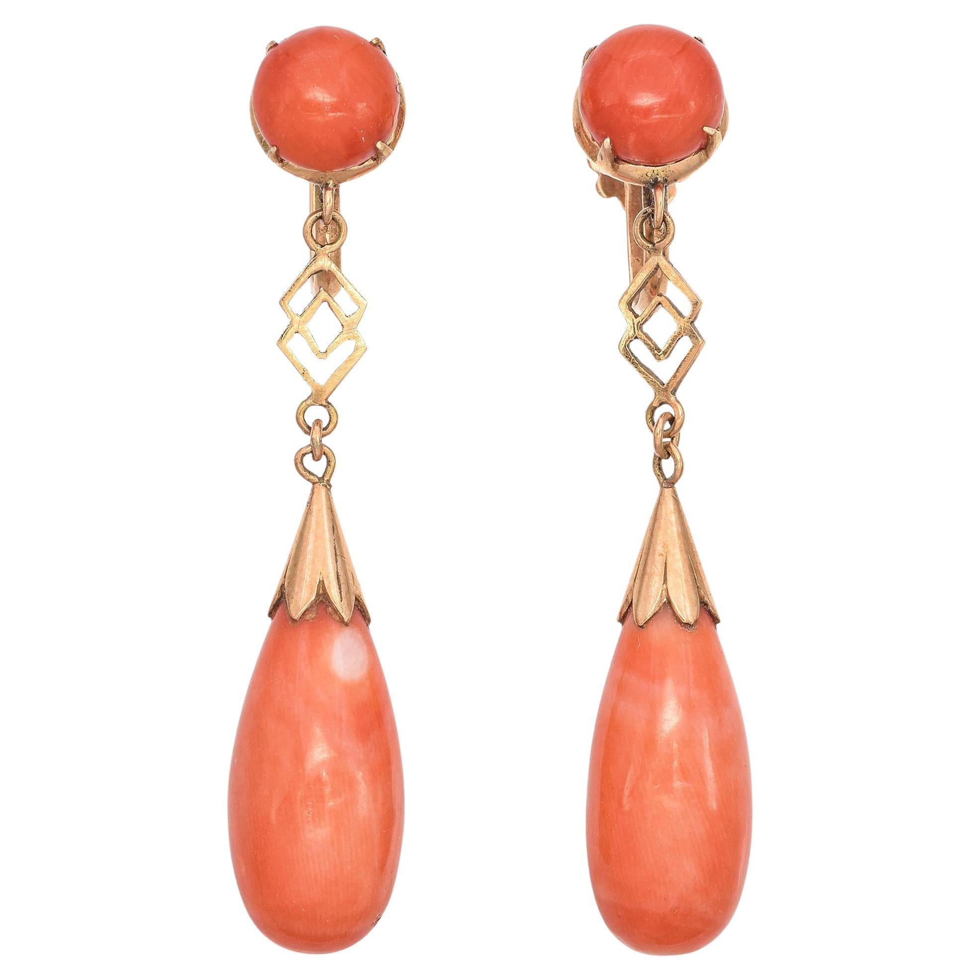 Vintage 14K Rose Gold Salmon Coral Drop Screw Back earrings