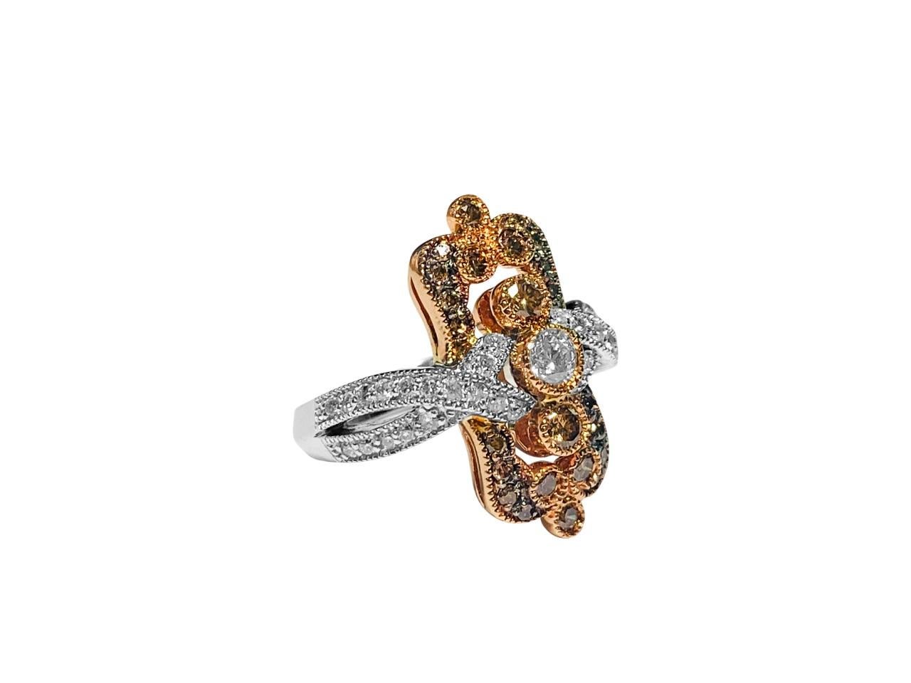Round Cut Vintage 14k Rose Gold, White & Chocolate Diamond Ring For Sale