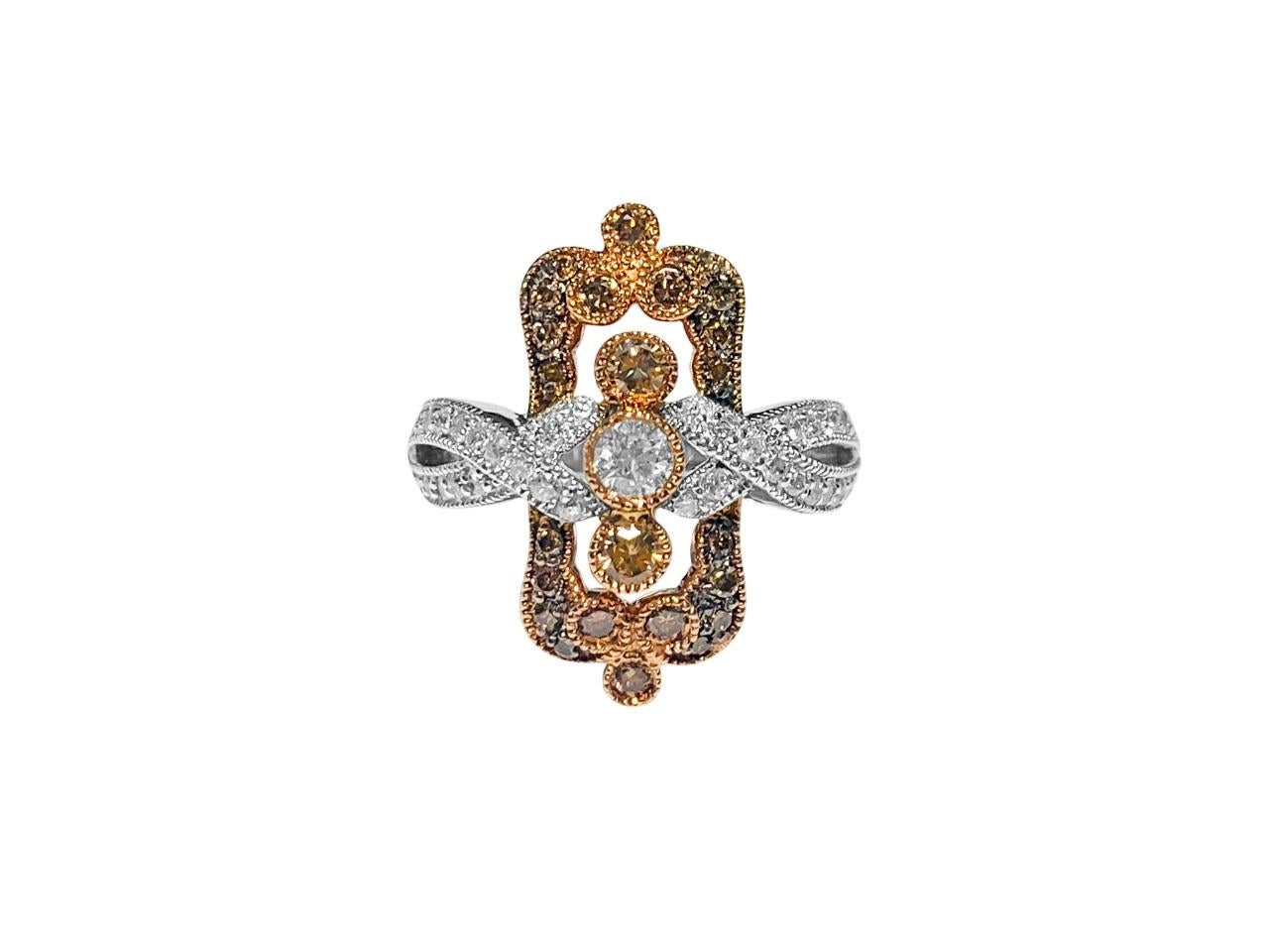 Vintage 14k Rose Gold, White & Chocolate Diamond Ring In Excellent Condition For Sale In Miami, FL