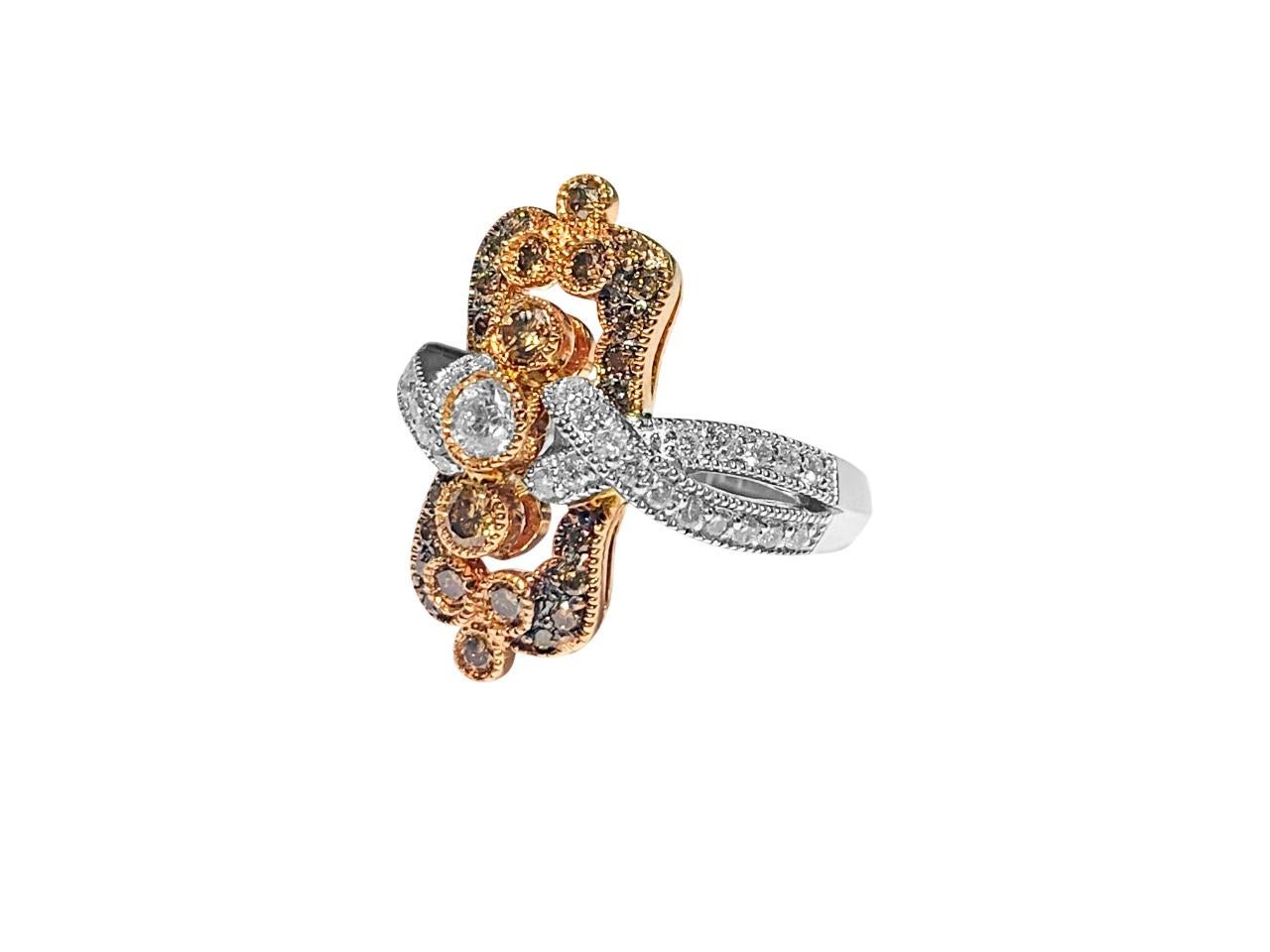 Women's Vintage 14k Rose Gold, White & Chocolate Diamond Ring For Sale