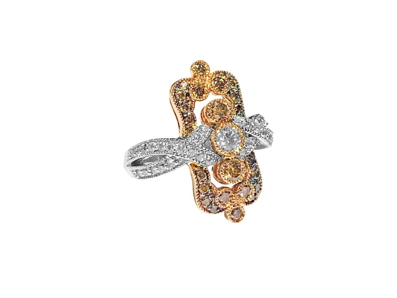 Vintage 14k Rose Gold, White & Chocolate Diamond Ring For Sale 1