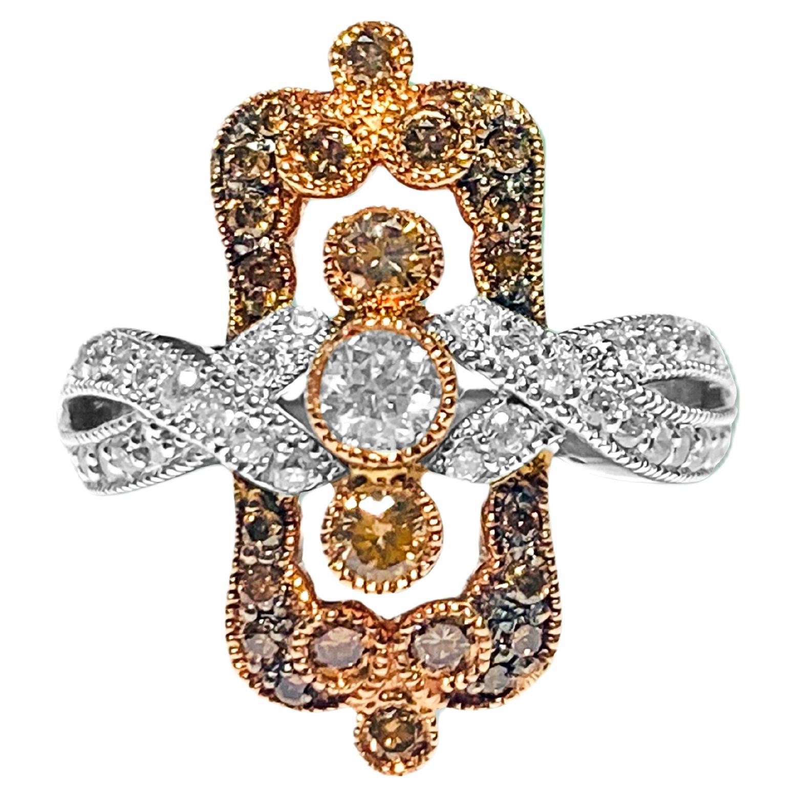 Vintage 14k Rose Gold, White & Chocolate Diamond Ring For Sale