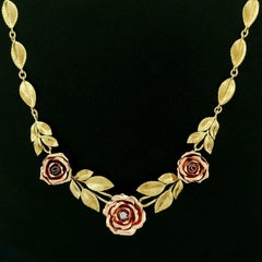 Vintage 14K Rose and Green Gold Rose Flower Diamond Leaves Statement Necklace