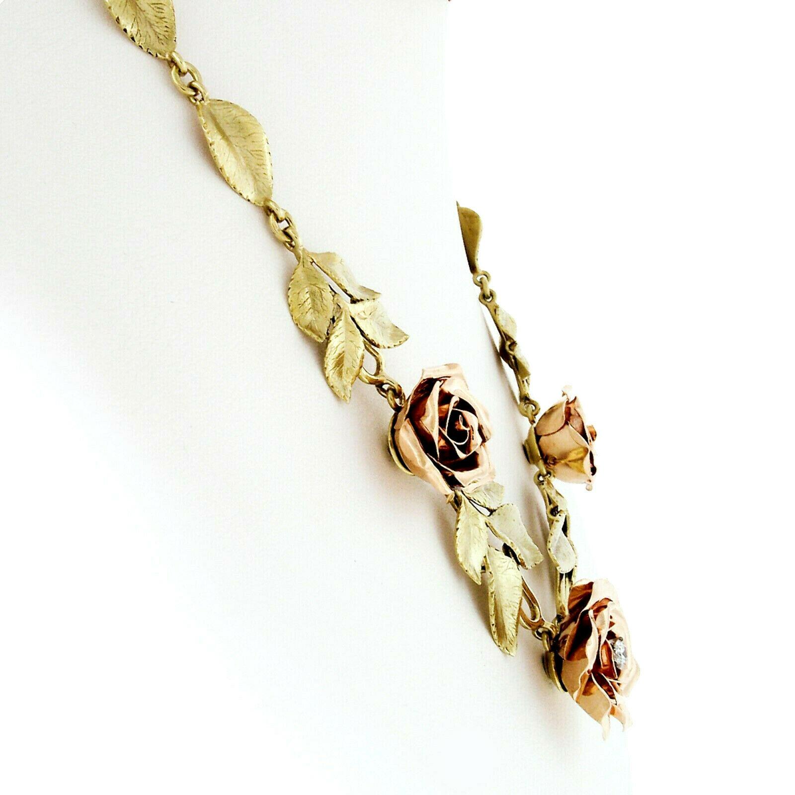 Retro Vintage 14K Rose and Green Gold Rose Flower Diamond Leaves Statement Necklace
