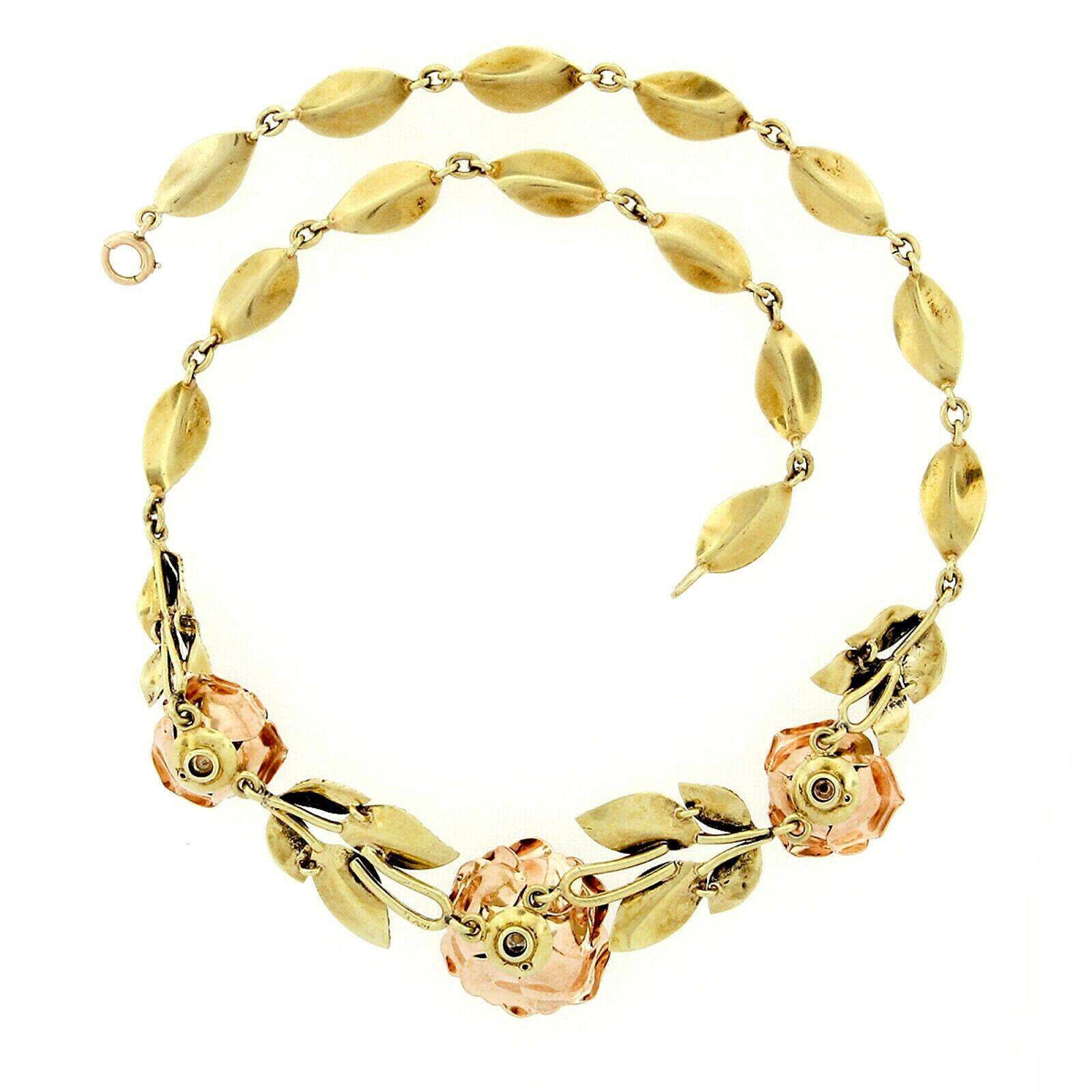 Vintage 14K Rose and Green Gold Rose Flower Diamond Leaves Statement Necklace In Good Condition In Montclair, NJ