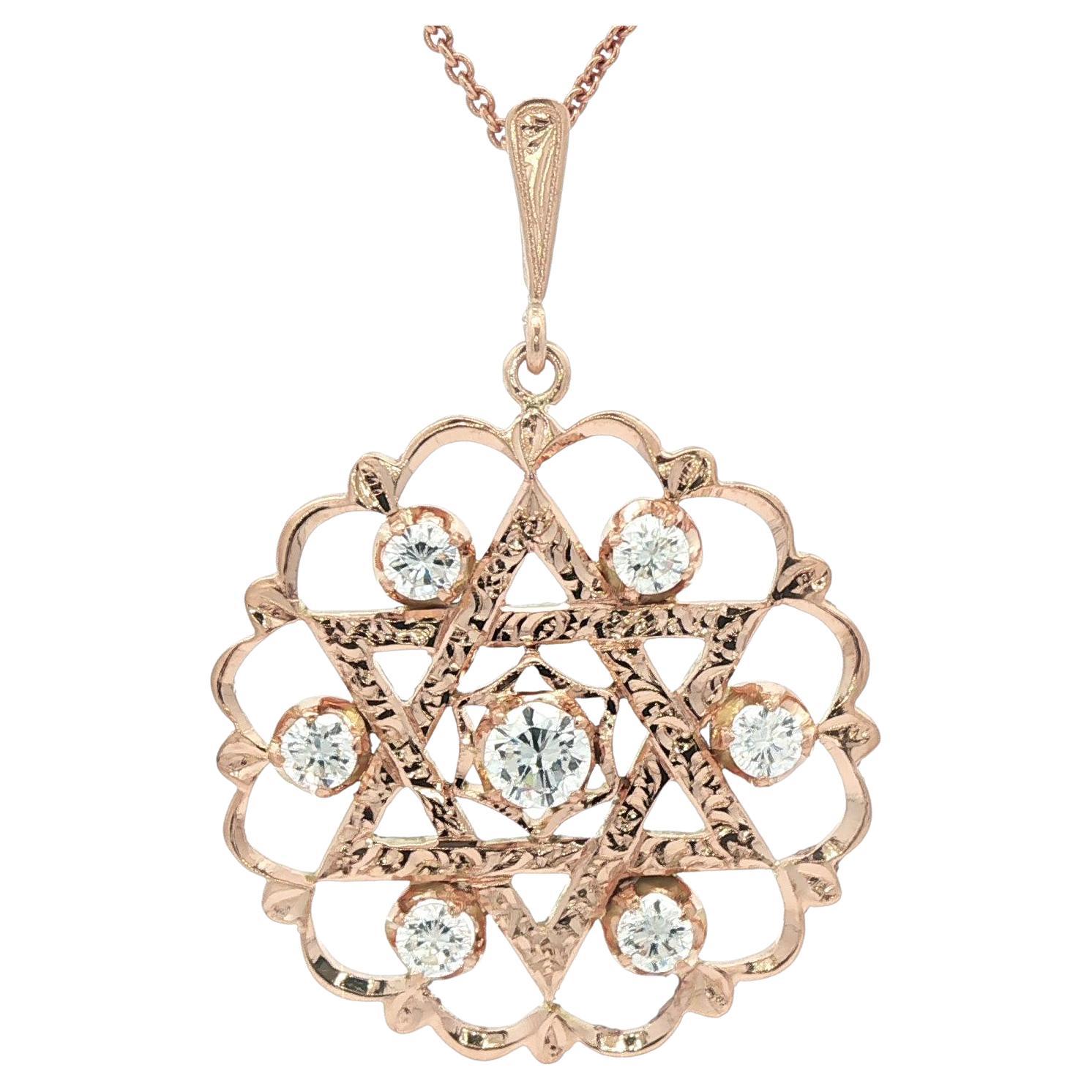 Vintage 14k Rosy Yellow Gold 1.53ctw Diamond Star of David Medallion Pendentif